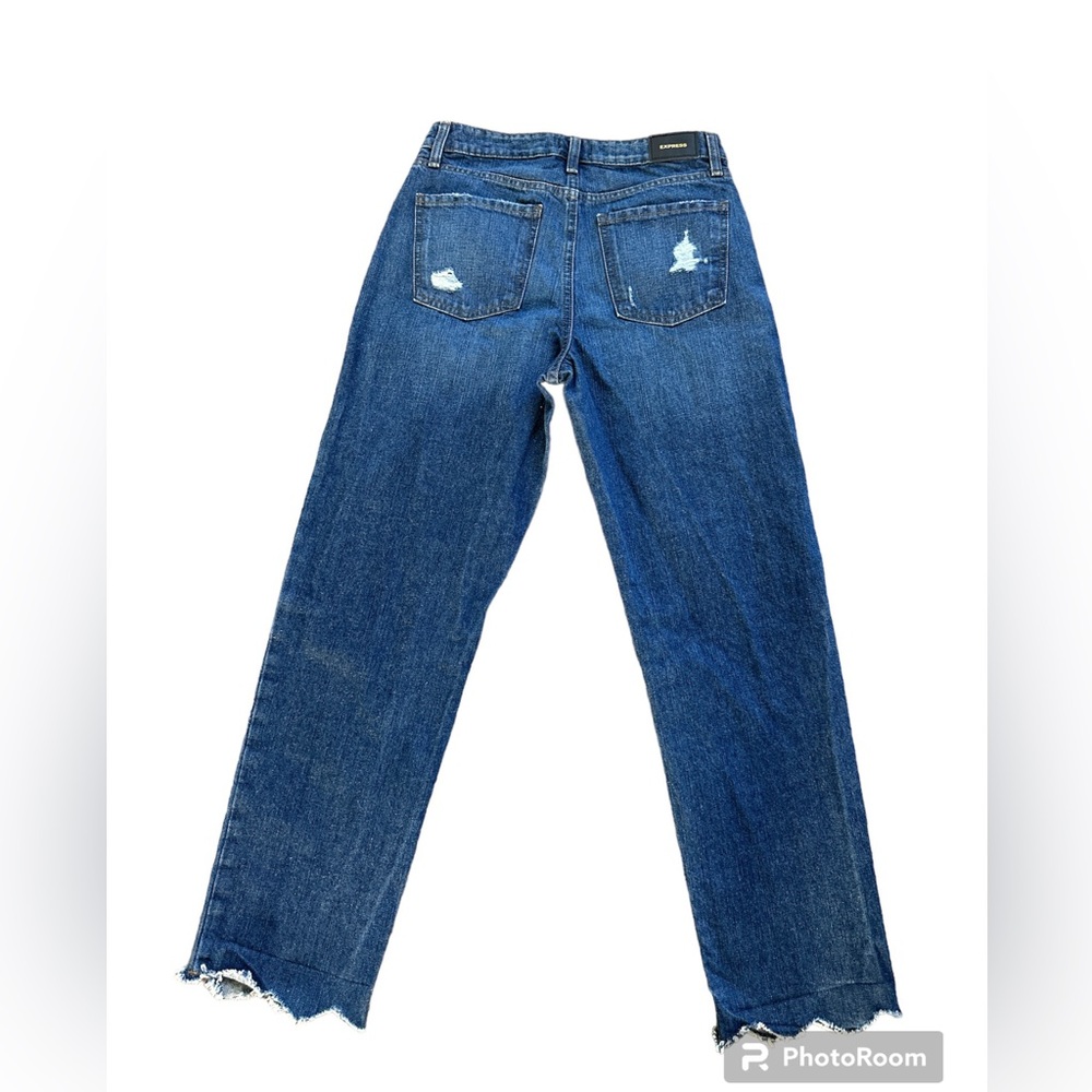 Express Mid Rise Dark Wash Raw Hem Boyfriend Jeans - Picture 4 of 9